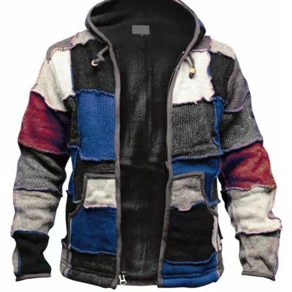 Veste Patchwork Homme Colorée avec Capuche et Fermeture Éclair