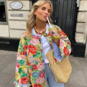 Veste Patchwork Floral en Coton Oversize avec Poches