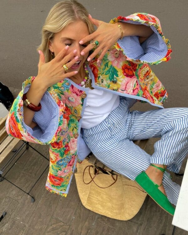 Veste Patchwork Floral en Coton Oversize avec Poches – Image 14