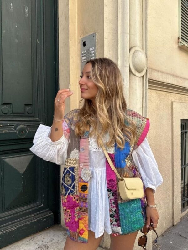 Veste Patchwork Bohème Multicolore Motifs Variés en Coton Léger