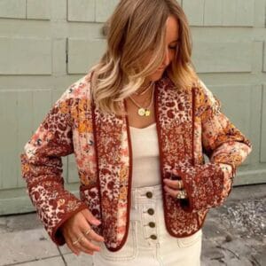 Boho Patchwork Jacket en Coton avec Motifs Fleuris et Manches Évasées