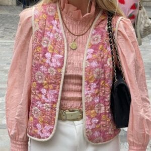 Veste Patchwork Sans Manche Rose en Coton avec Motifs Floraux