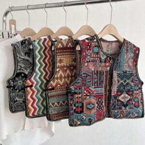 Gilet Patchwork Sans Manche - Motifs Colorés et Style Artistique