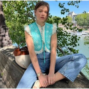 Veste Patchwork Sans Manche Bleu Vintage avec Broderies Artisanal